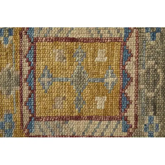 10' Blue Red and Yellow Wool Geometric Hand Knotted Runner Rug With Fringe Photo 9