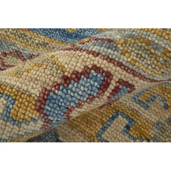 10' Blue Red and Yellow Wool Geometric Hand Knotted Runner Rug With Fringe Photo 8