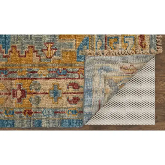 10' Blue Red and Yellow Wool Geometric Hand Knotted Runner Rug With Fringe Photo 5