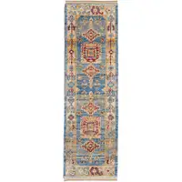 Photo of 10' Blue Red and Yellow Wool Geometric Hand Knotted Runner Rug With Fringe