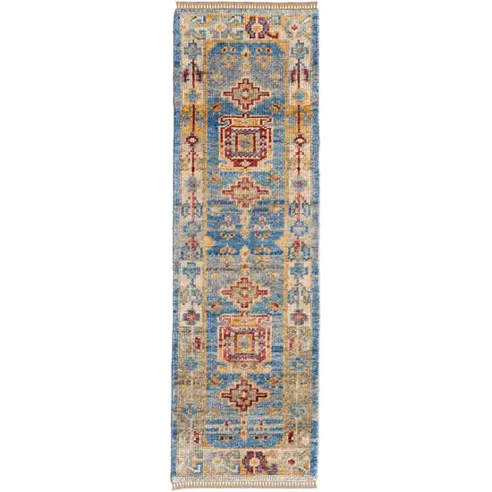 10' Blue Red and Yellow Wool Geometric Hand Knotted Runner Rug With Fringe Photo 2