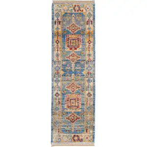 Photo of 10' Blue Red and Yellow Wool Geometric Hand Knotted Runner Rug With Fringe