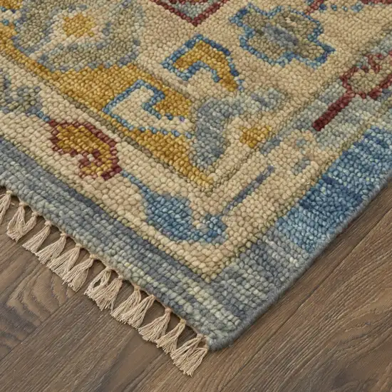 12' Blue Red and Yellow Wool Geometric Hand Knotted Runner Rug With Fringe Photo 4