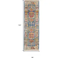 Photo of 12' Blue Red and Yellow Wool Geometric Hand Knotted Runner Rug With Fringe