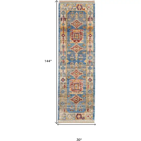 12' Blue Red and Yellow Wool Geometric Hand Knotted Runner Rug With Fringe Photo 3