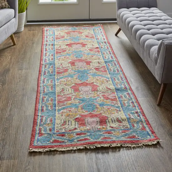 8' Blue Red and Yellow Wool Oriental Hand Knotted Runner Rug Photo 5