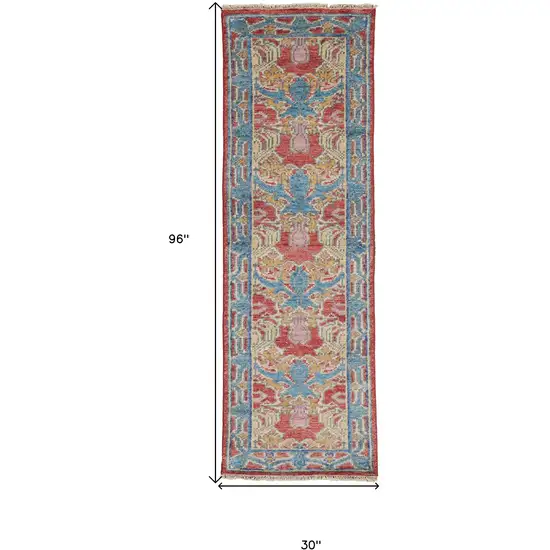 8' Blue Red and Yellow Wool Oriental Hand Knotted Runner Rug Photo 3