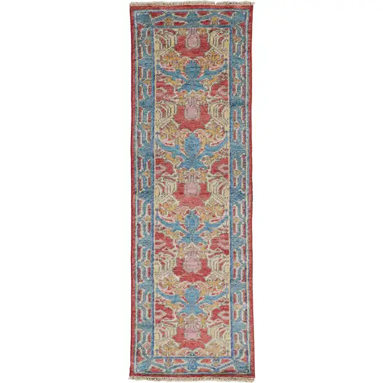 8' Blue Red and Yellow Wool Oriental Hand Knotted Runner Rug Photo 2