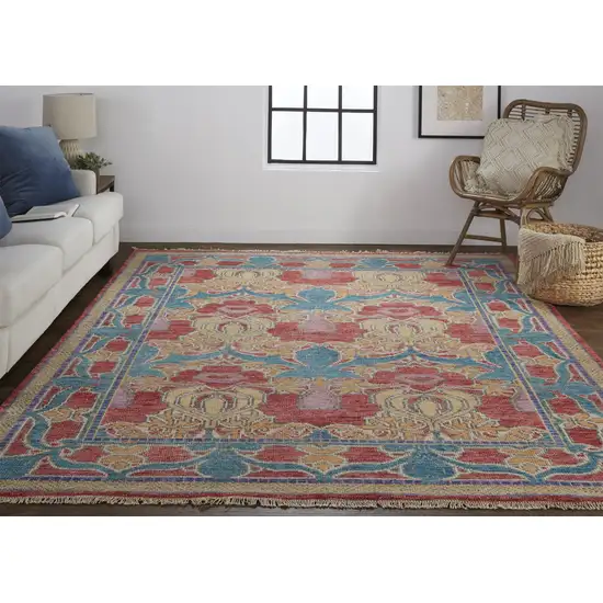 8' Blue Red and Yellow Wool Oriental Hand Knotted Runner Rug Photo 6