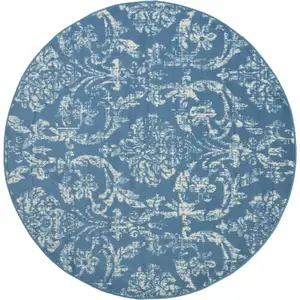 Photo of 5' Blue Round Damask Power Loom Area Rug