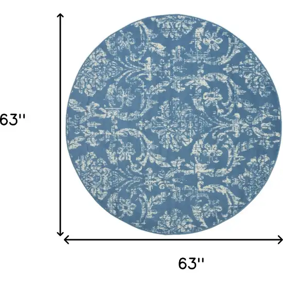 5' Blue Round Damask Power Loom Area Rug Photo 6