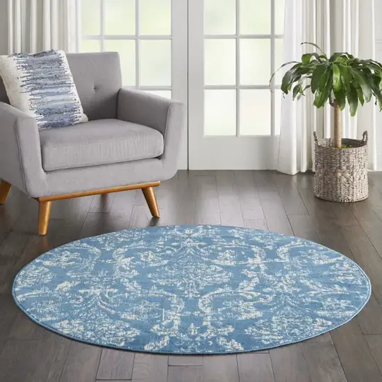 5' Blue Round Damask Power Loom Area Rug Photo 3