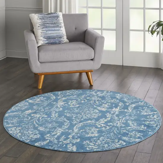 5' Blue Round Damask Power Loom Area Rug Photo 5