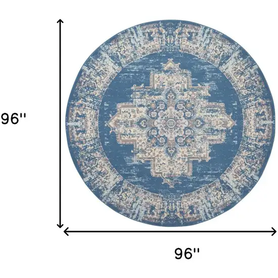 8' Blue Round Damask Power Loom Area Rug Photo 7