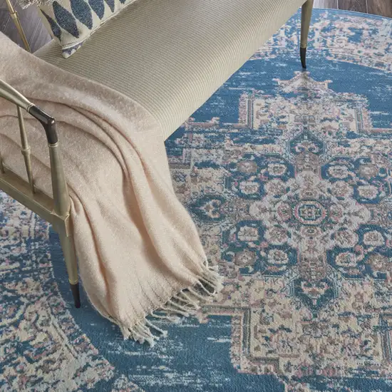 8' Blue Round Damask Power Loom Area Rug Photo 4