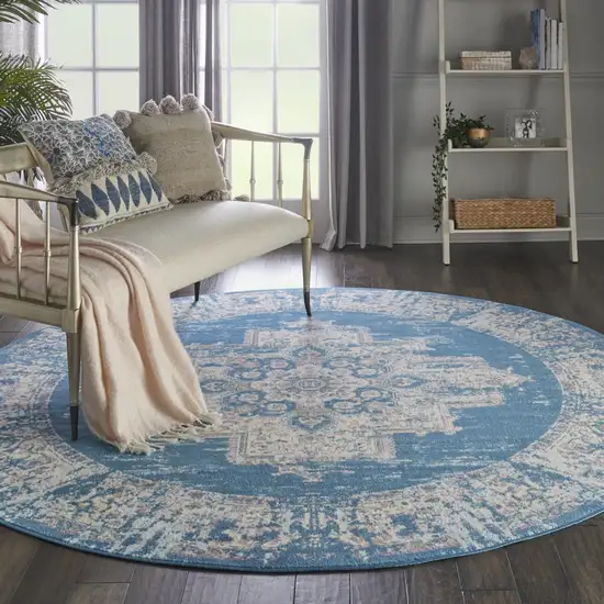 8' Blue Round Damask Power Loom Area Rug Photo 5