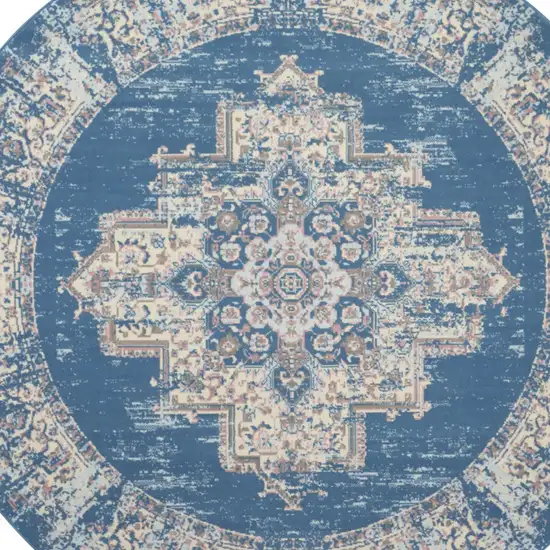 8' Blue Round Damask Power Loom Area Rug Photo 6