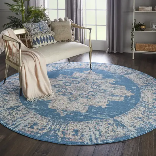 8' Blue Round Damask Power Loom Area Rug Photo 6