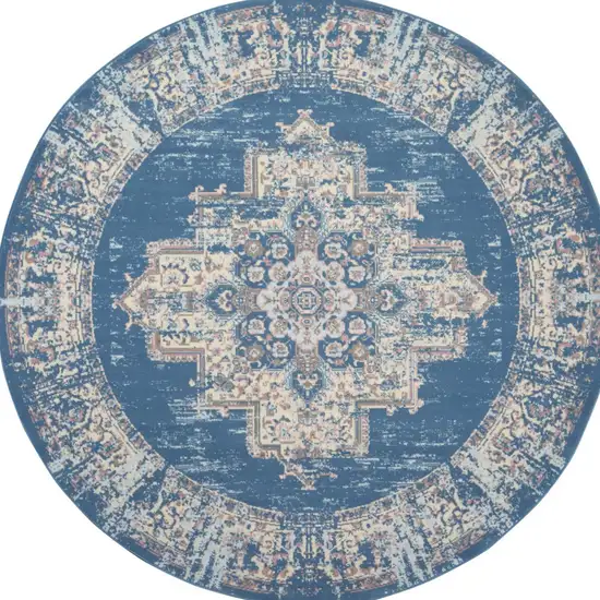 8' Blue Round Damask Power Loom Area Rug Photo 8