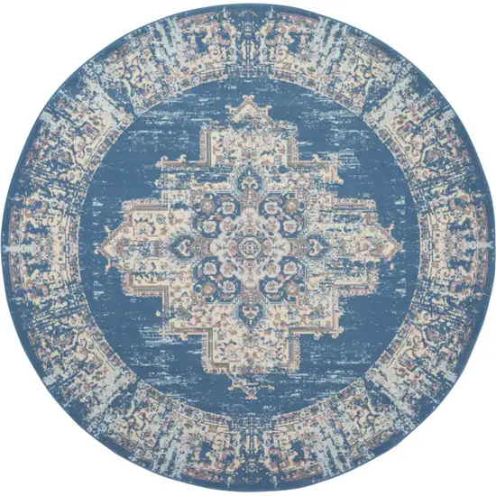 8' Blue Round Damask Power Loom Area Rug Photo 8