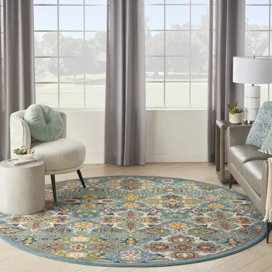 8' Blue Round Floral Power Loom Area Rug Photo 8