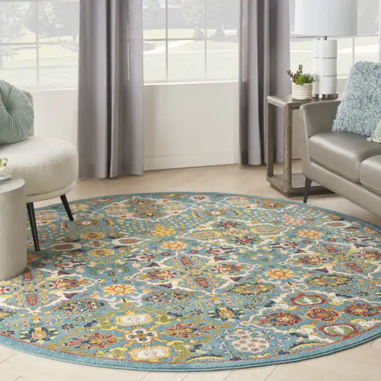 8' Blue Round Floral Power Loom Area Rug Photo 7