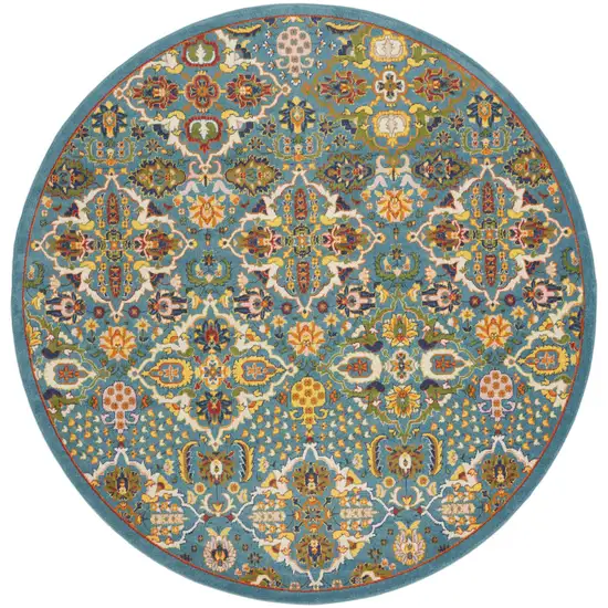 8' Blue Round Floral Power Loom Area Rug Photo 1