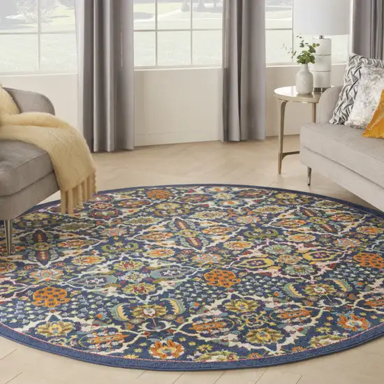 8' Blue Round Floral Power Loom Area Rug Photo 8