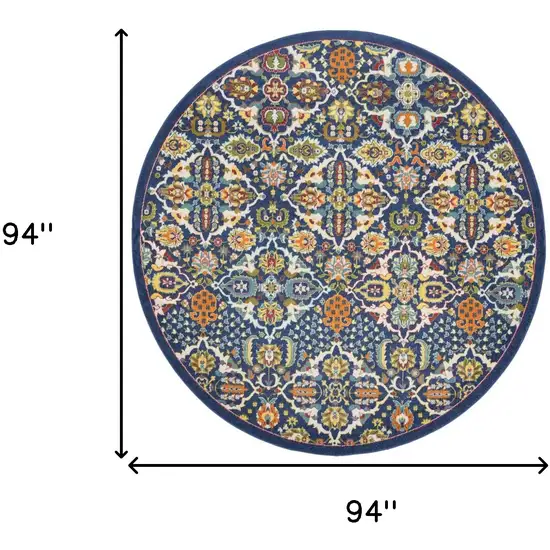 8' Blue Round Floral Power Loom Area Rug Photo 7