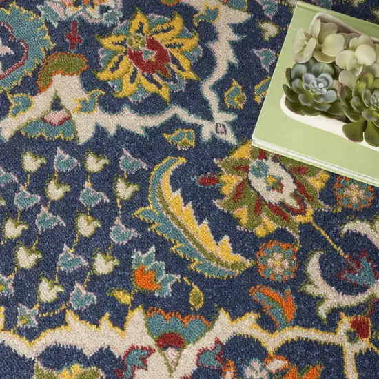 8' Blue Round Floral Power Loom Area Rug Photo 5