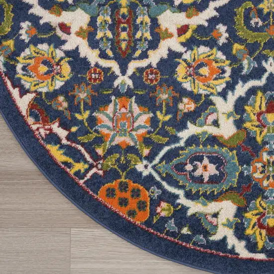 8' Blue Round Floral Power Loom Area Rug Photo 3