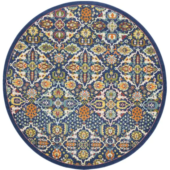 8' Blue Round Floral Power Loom Area Rug Photo 1