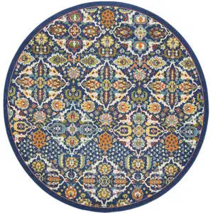 Photo of 8' Blue Round Floral Power Loom Area Rug