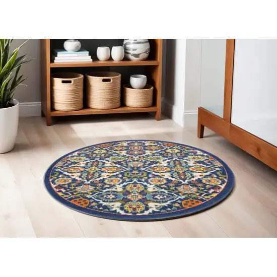 5' Blue Round Floral Power Loom Area Rug Photo 1