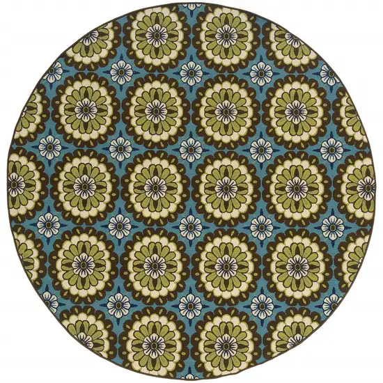 8' Blue Round Floral Stain Resistant Indoor Outdoor Area Rug Photo 2