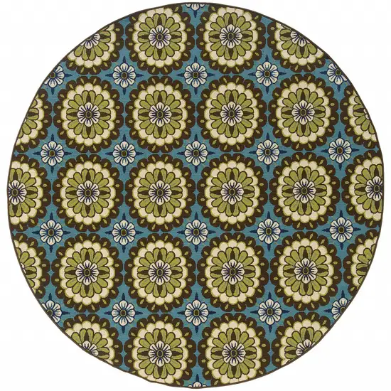 8' Blue Round Floral Stain Resistant Indoor Outdoor Area Rug Photo 1