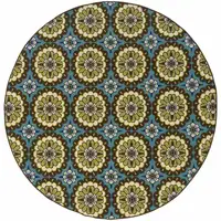Photo of 8' Blue Round Floral Stain Resistant Indoor Outdoor Area Rug