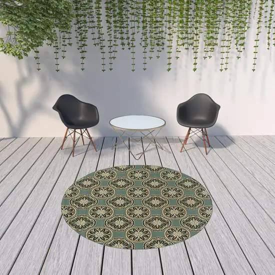 8' Blue Round Floral Stain Resistant Indoor Outdoor Area Rug Photo 3