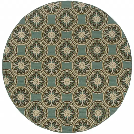 8' Blue Round Floral Stain Resistant Indoor Outdoor Area Rug Photo 1