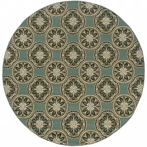 Photo of 8' Blue Round Floral Stain Resistant Indoor Outdoor Area Rug