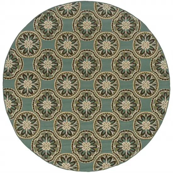 8' Blue Round Floral Stain Resistant Indoor Outdoor Area Rug Photo 2