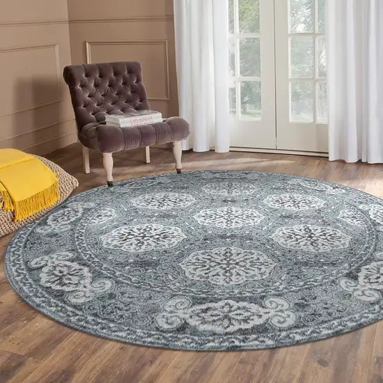 6' Blue Round Medallion Power Loom Area Rug Photo 4