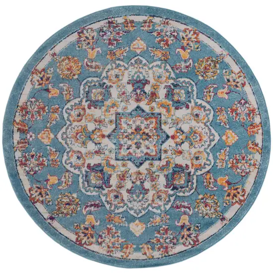 6' Blue Round Medallion Power Loom Area Rug Photo 1