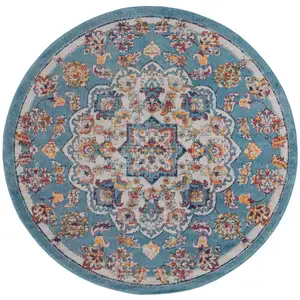 Photo of 6' Blue Round Medallion Power Loom Area Rug