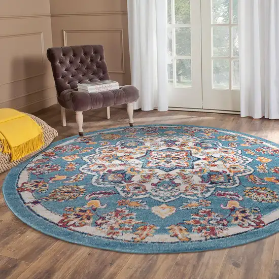 6' Blue Round Medallion Power Loom Area Rug Photo 6