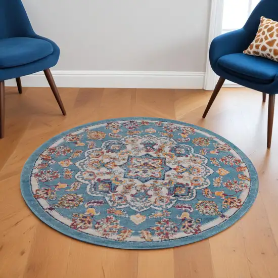 6' Ivory Blue and Orange Medallion Power Loom Round Rug Photo 1