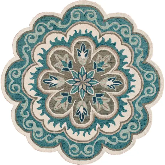 4' Blue Round Wool Floral Hand Tufted Area Rug Photo 1