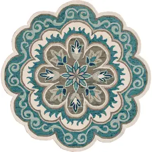 Photo of 4' Blue Round Wool Floral Hand Tufted Area Rug