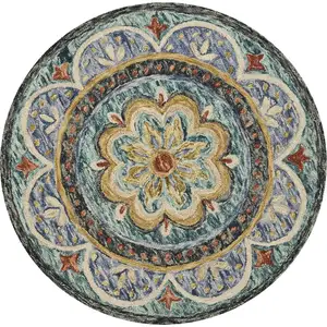 Photo of 4' Blue Round Wool Floral Hand Tufted Area Rug