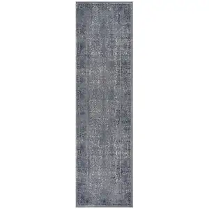 Photo of 8' Blue Silver Gray And Cream Damask Distressed Runner Rug